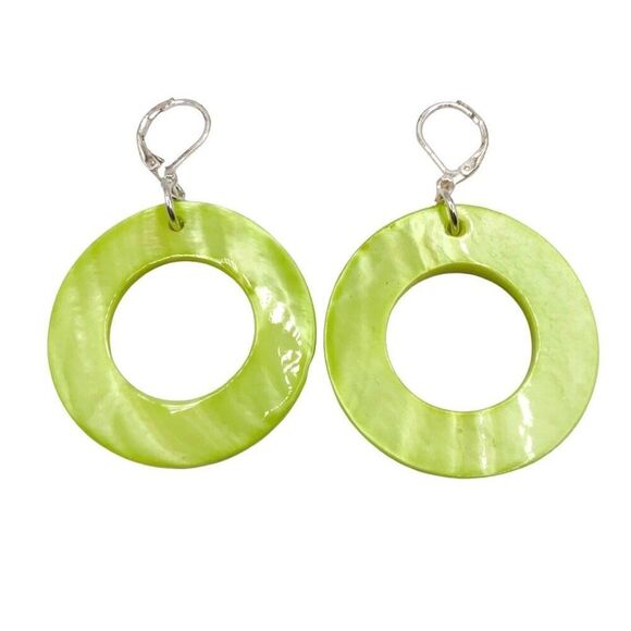 Natural Shell Green and Yellow Open Hoop Dangle Earrings - Picture 3 of 8